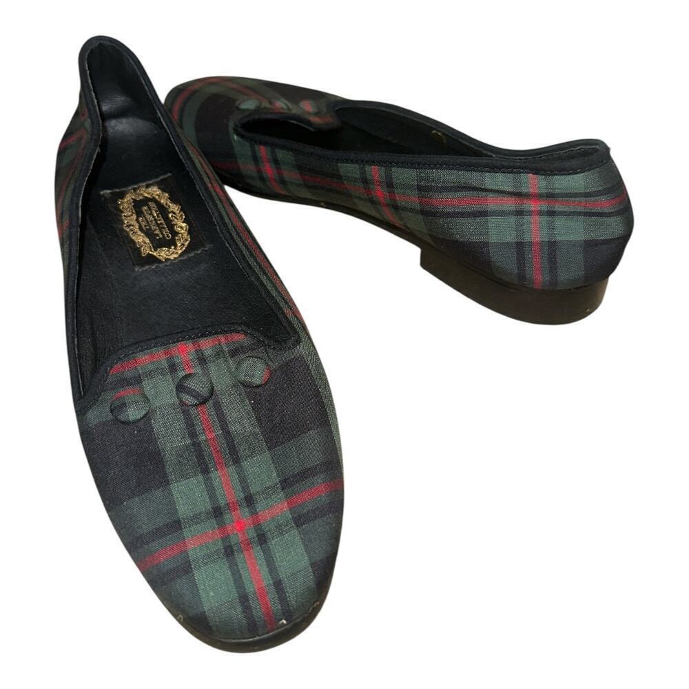 Larkspur Collection Green Plaid Button Detail Loafers Slippers Size 7.5 Vintage!